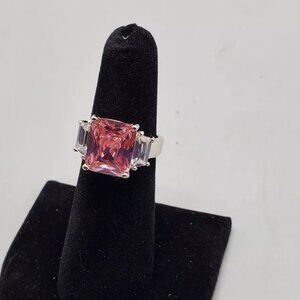 Women's Pink Emerald Cut w Baguettes CZ Ring Size 7 Sterling Silver 925